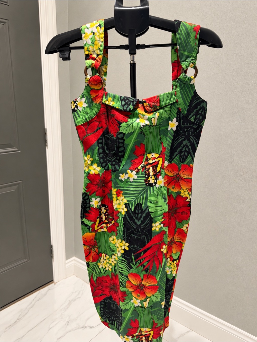 Tropical Floral Sheath Dress in Green & Red
